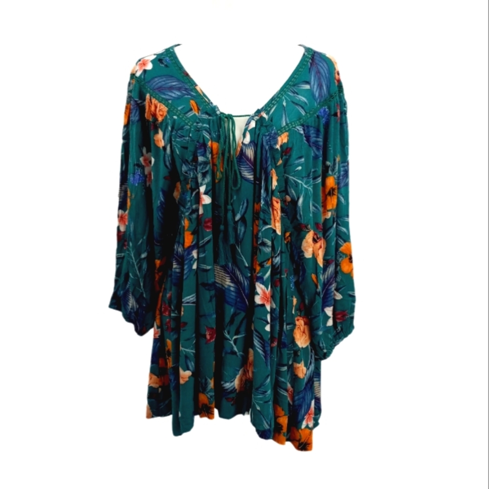 ODDY NWT Boho Tassel Tie Detail Floral Balloon Sleeve Peasant Style Tunic Top 1X - Picture 3 of 15